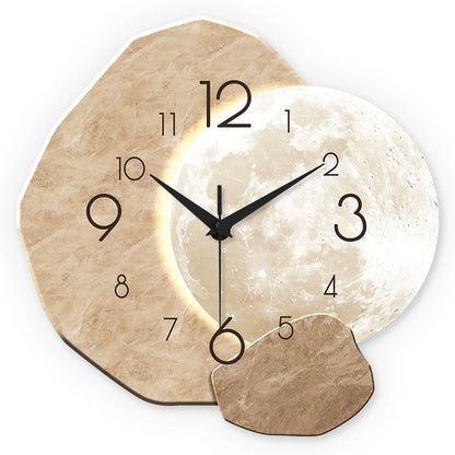 Modern Simple Silent Wall Clock Moon Design Quartz Movement Wooden Material for Bedroom Living