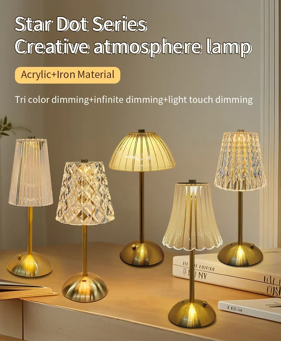 Crystal LED Table Lamp Touch Sensor Rechargeable Night Light Bedroom Bedside Bar Hotel Decor