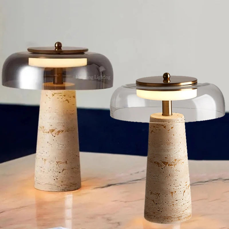 Mushroom Shaped Travertine Table Lamp Modern Natural Yellow Cave Stone Desk Indoor Decor Lighting