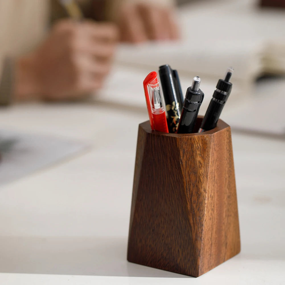 Walnut Wood Pen Pot Holder Desktop Organiser Basket Office Desk Stationery Storage Cup Pencil