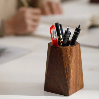 Walnut Wood Pen Pot Holder Desktop Organiser Basket Office Desk Stationery Storage Cup Pencil