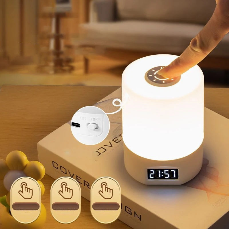 LED Desk Lamp with Clock – USB Rechargeable Touch Dimmer Bedside