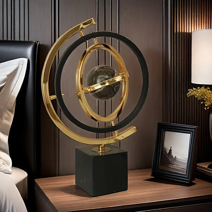 Modern Abstract Metal Globe Sculpture Black Golden Art Decor with Rectangular Base for Home Office