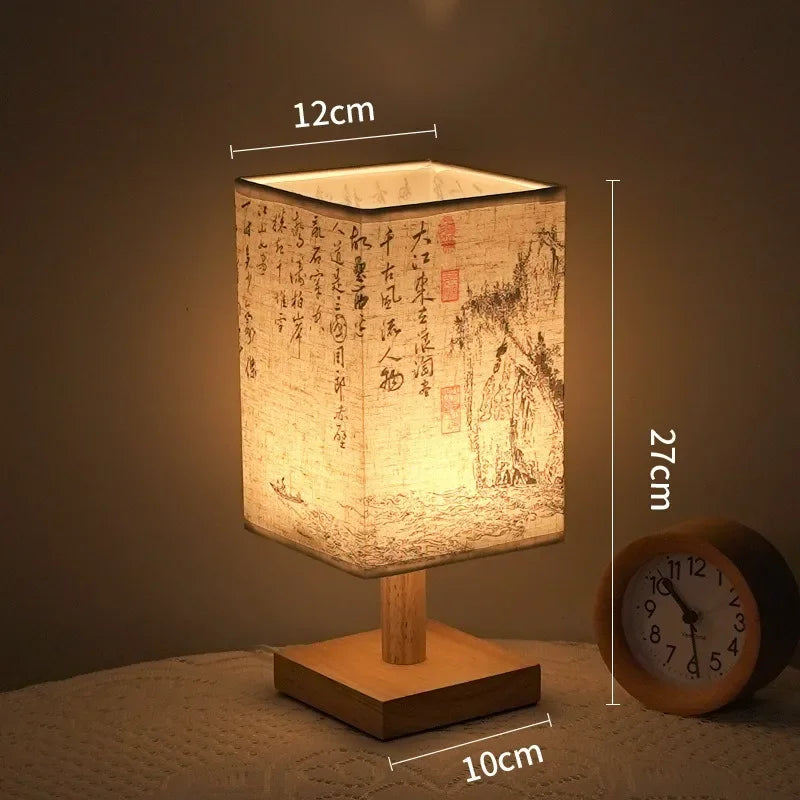 Chinese Style LED Table Lamp Dimmable Fabric Lampshade Square Bedroom Bedside Plug Night Light