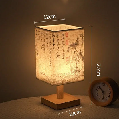 Chinese Style LED Table Lamp Dimmable Fabric Lampshade Square Bedroom Bedside Plug Night Light