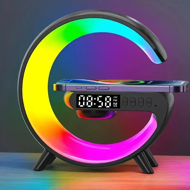Wireless Charging Station, Alarm Clock and Speaker Bedside RGB Silent Movement Home Decor