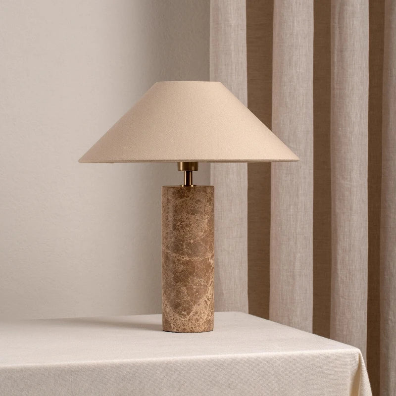 Cylindrical Marble LED Table Lamp White Fabric Lampshade Living Room Study Restaurant Bedroom Desk