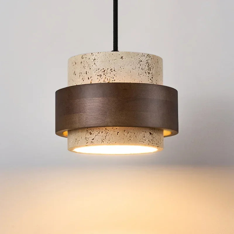 Japanese Wabi Sabi Stone LED Pendant Light Bedroom Bedside Walnut Wood Small Chandelier 3000K Warm