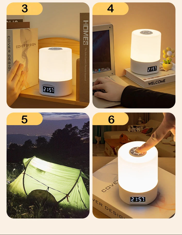 LED Desk Lamp with Clock – USB Rechargeable Touch Dimmer Bedside