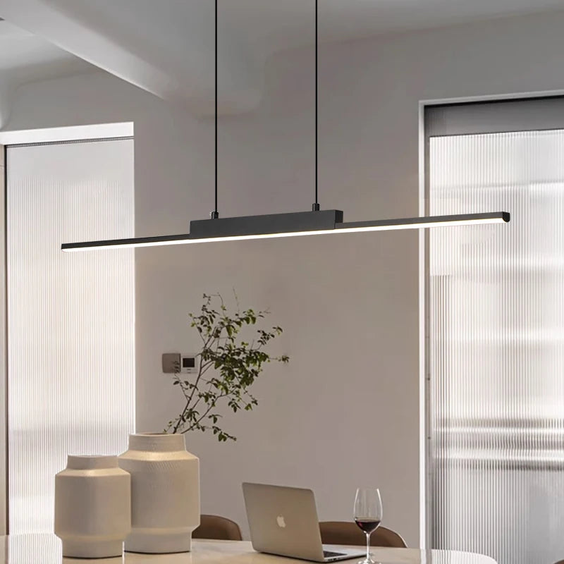 Modern Linear LED Pendant Light Dining Room Kitchen Bar Adjustable Height Tri-Color Chandelier