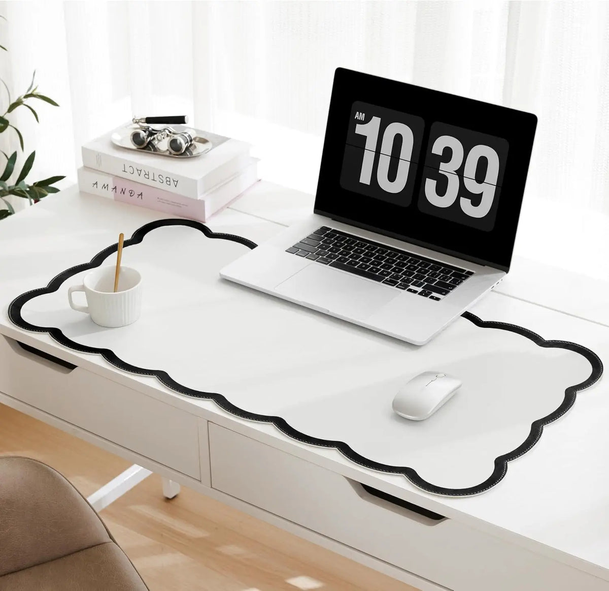 Scalloped Desk Mat PU Leather Large Desk Pad 80 x 40cm