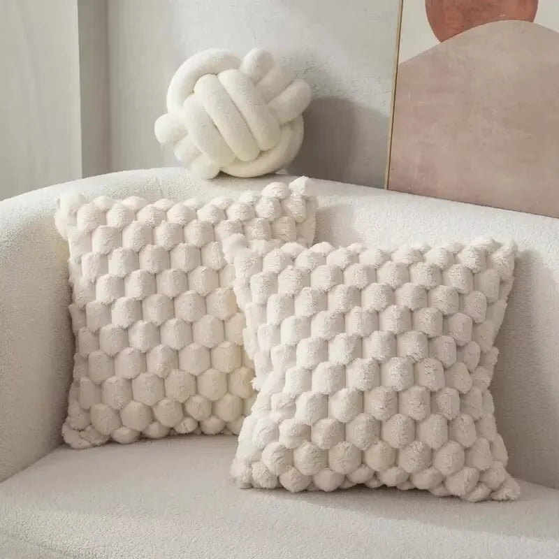 Pineapple Grid Turtle Pattern 3D Soft Plush Throw Pillowcase Cream White For Living Room Sofa