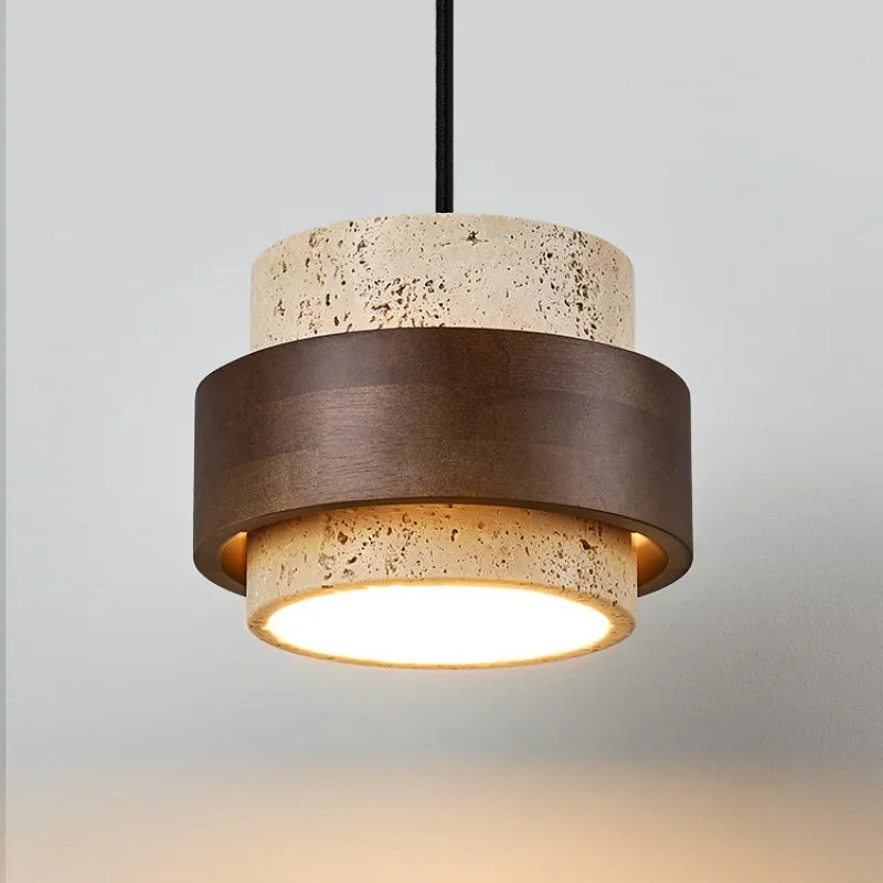 Japanese Wabi Sabi Stone LED Pendant Light Bedroom Bedside Walnut Wood Small Chandelier 3000K Warm