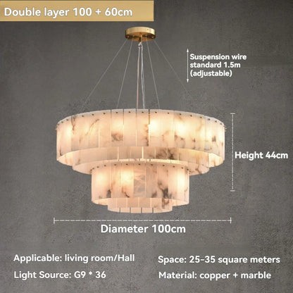 Natural Marble & Brass Ring Chandelier Pendant Light Round Linear & 2-Tier