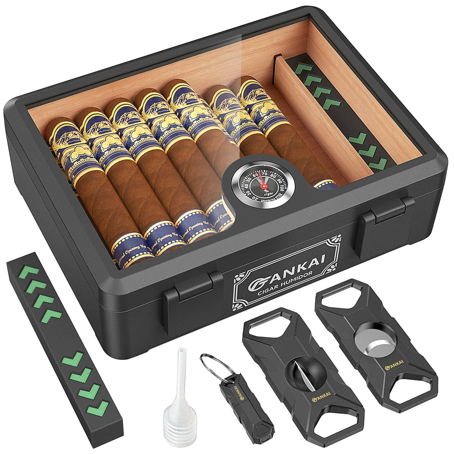 Cigar Humidor Full Glass Top Box with Humidifier and Hygrometer Crushproof Case Cedar Wood Lining
