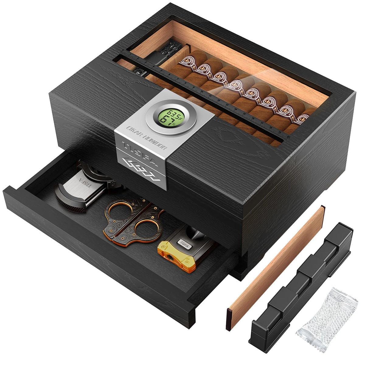 Cigar Box Humidor with Hygrometer and Humidifier Cedar Wooden Case Drawer Divider Length Gauge