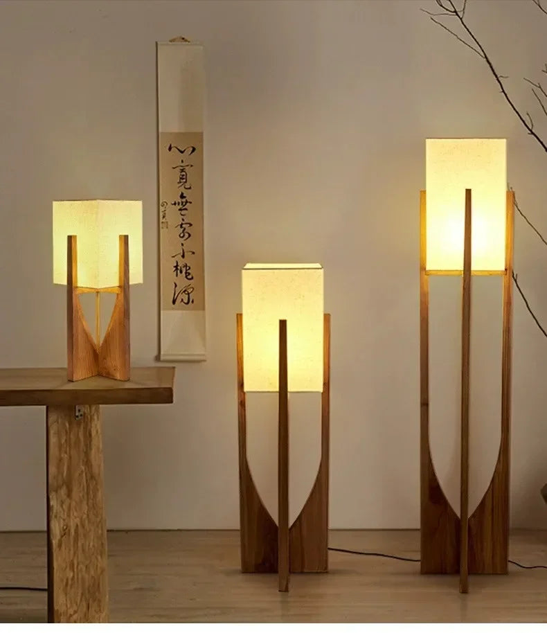 Japanese Solid Wood Floor Lamp Living Room Bedroom Hotel Tea Room Standing Light Rice Paper Shade