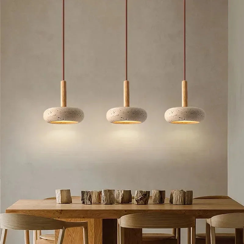 Wabi Sabi Circular Yellow Stone LED Pendant Light Bedroom Bedside Natural Travertine Modern 12W