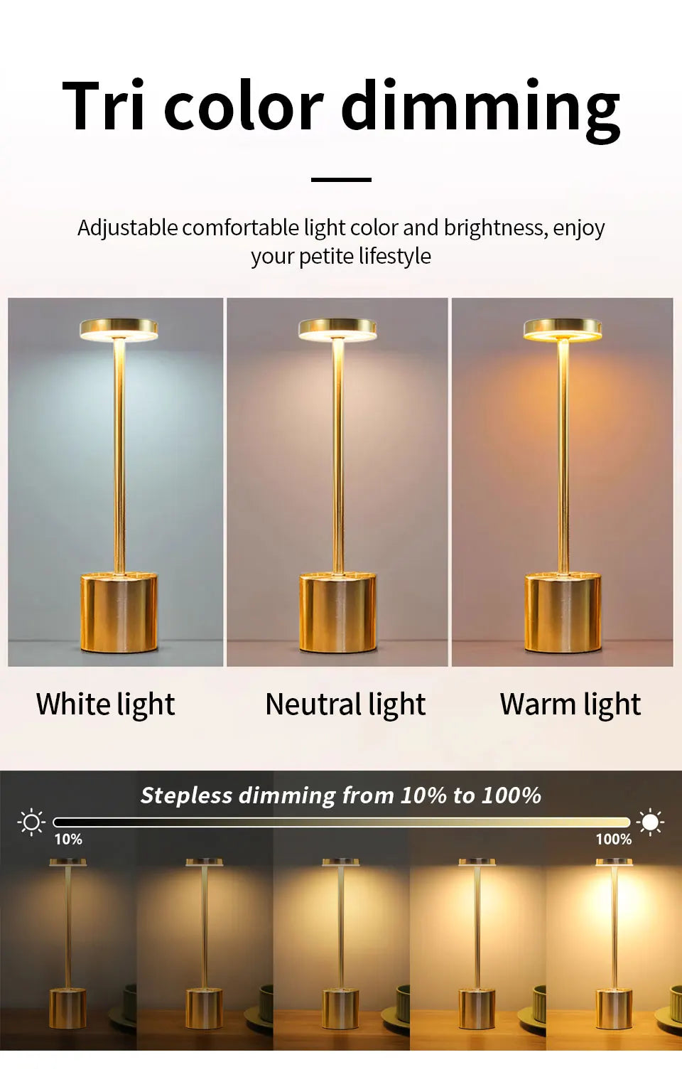USB Rechargeable Desk Lamp – Touch Stepless Dimmer 3 Colour Modes