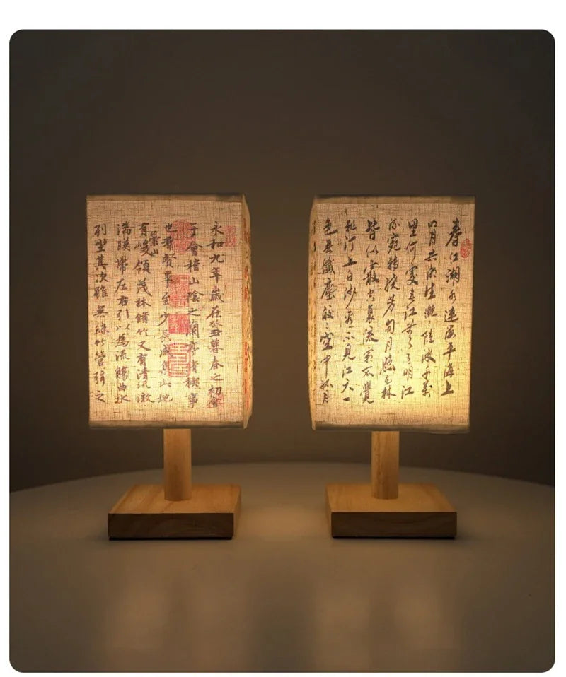 Chinese Style LED Table Lamp Dimmable Fabric Lampshade Square Bedroom Bedside Plug Night Light