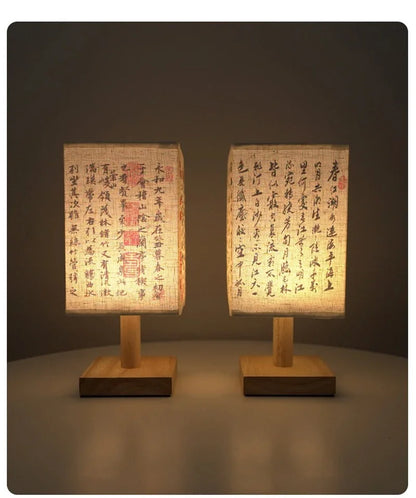 Chinese Style LED Table Lamp Dimmable Fabric Lampshade Square Bedroom Bedside Plug Night Light