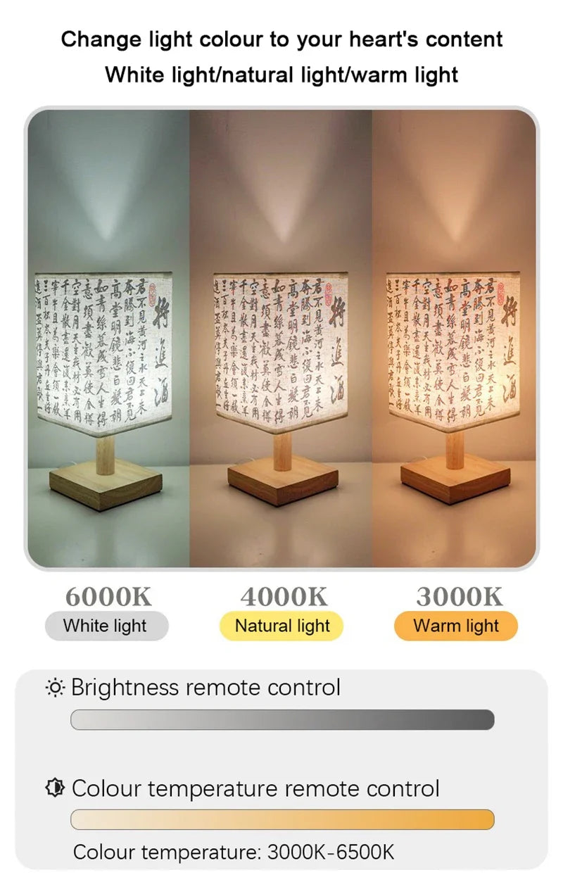 Chinese Style LED Table Lamp Dimmable Fabric Lampshade Square Bedroom Bedside Plug Night Light