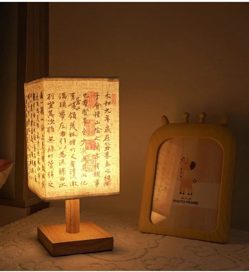 Chinese Style LED Table Lamp Dimmable Fabric Lampshade Square Bedroom Bedside Plug Night Light