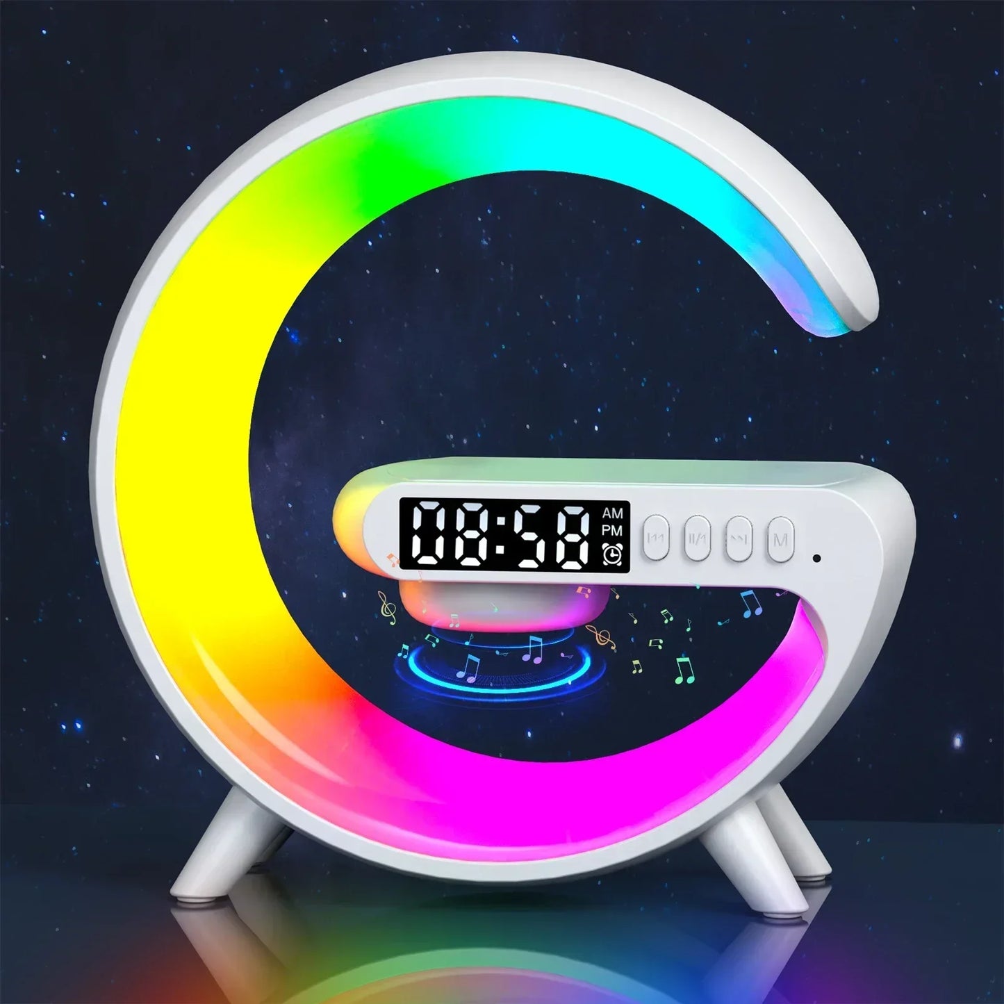 Wireless Charging Station, Alarm Clock and Speaker Bedside RGB Silent Movement Home Decor
