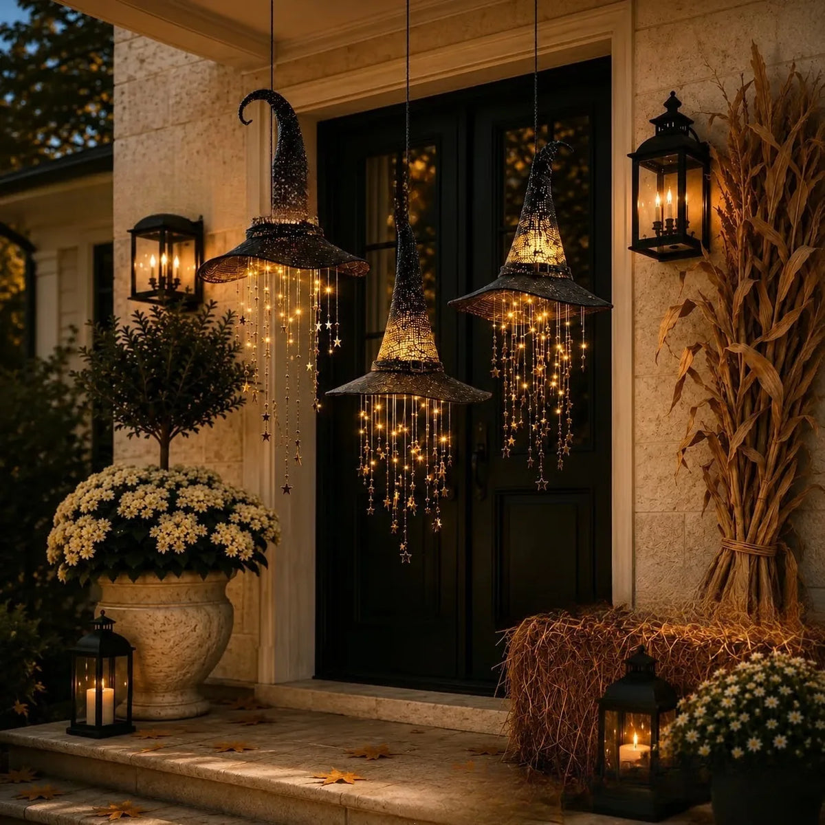 Lighted Witch Hat Hanging Decoration LED Cascading Stars Halloween Ornament