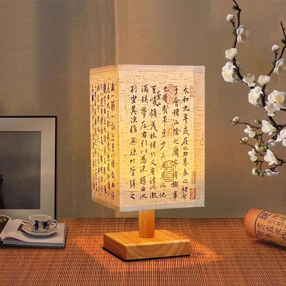Chinese Style LED Table Lamp Dimmable Fabric Lampshade Square Bedroom Bedside Plug Night Light