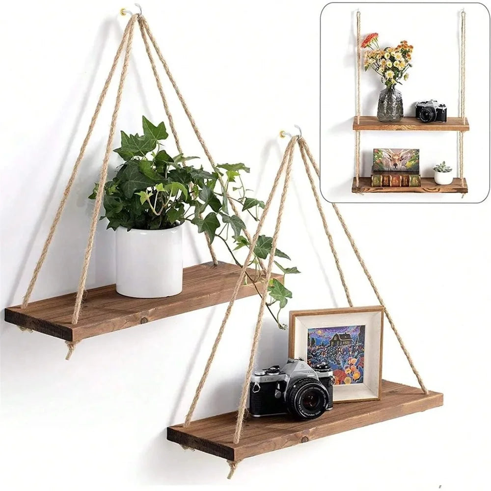 Wood Rope Hanging Wall Shelf