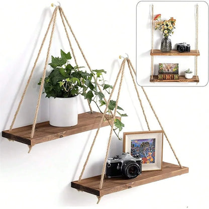 Wood Rope Hanging Wall Shelf Floating Swing Design Natural Build Display Plants and Decor