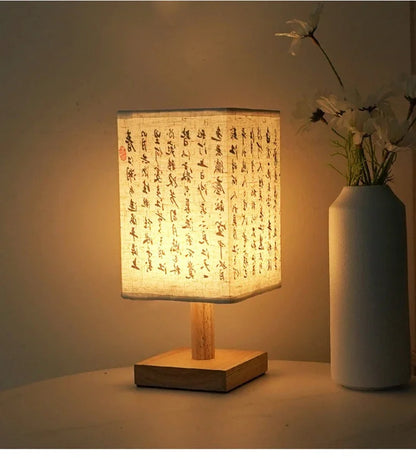 Chinese Style LED Table Lamp Dimmable Fabric Lampshade Square Bedroom Bedside Plug Night Light
