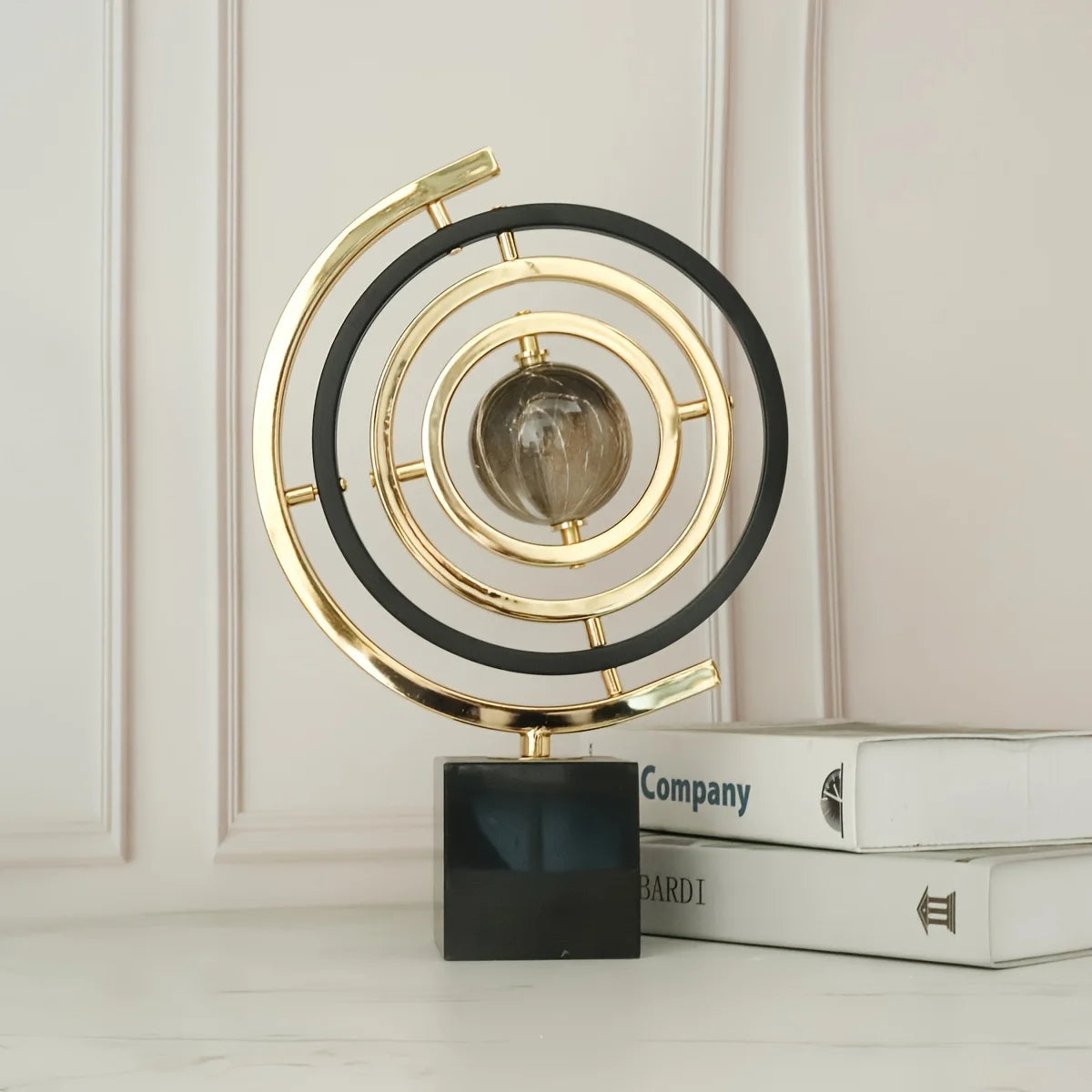 Modern Abstract Metal Globe Sculpture Black Golden Art Decor with Rectangular Base for Home Office