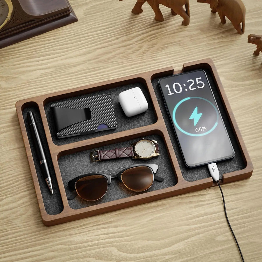 Wooden Desktop Storage Box Solid Wood Partition Organizer Phone Headphone Debris Tray Office Desk
