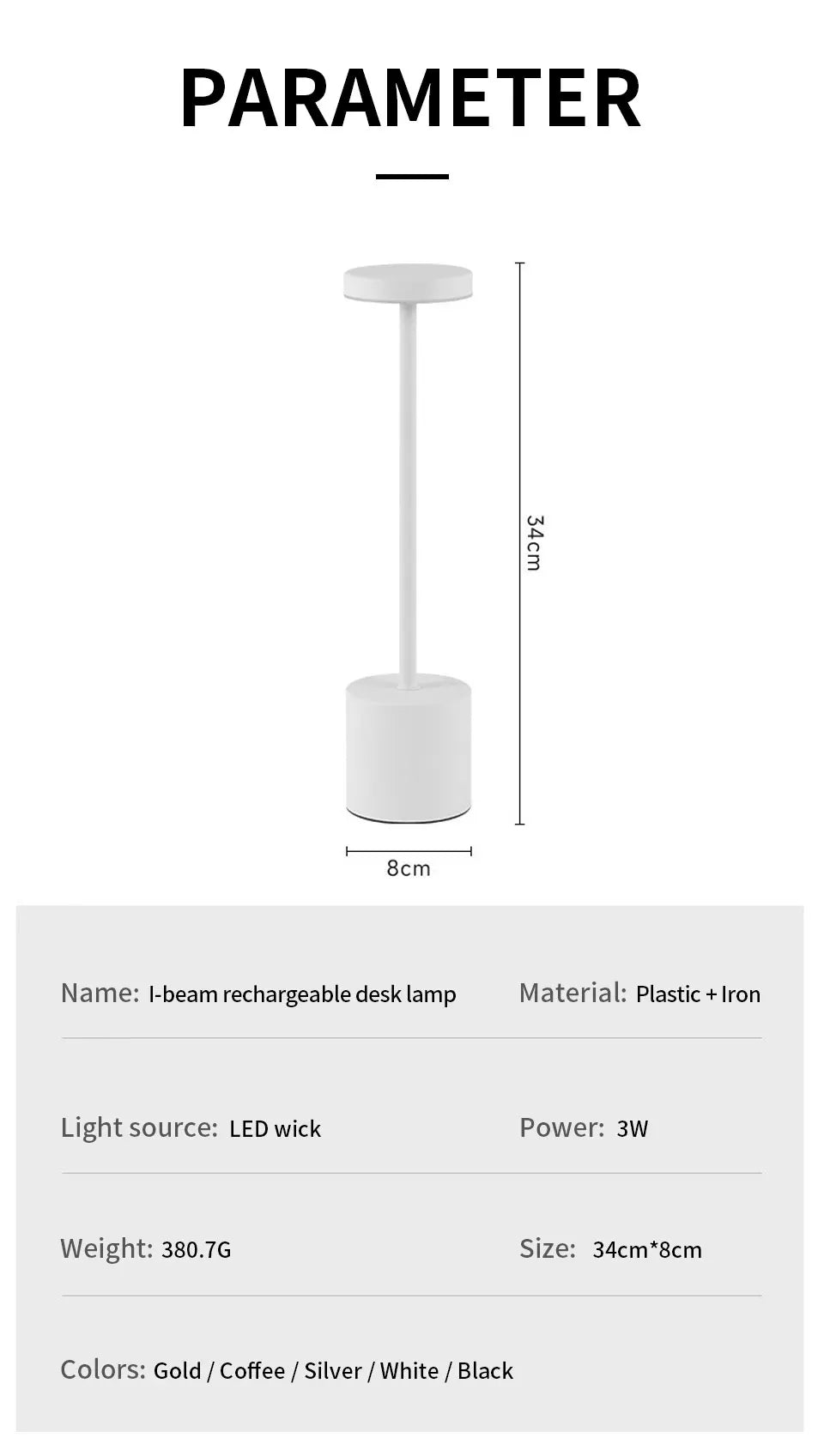 USB Rechargeable Desk Lamp – Touch Stepless Dimmer 3 Colour Modes