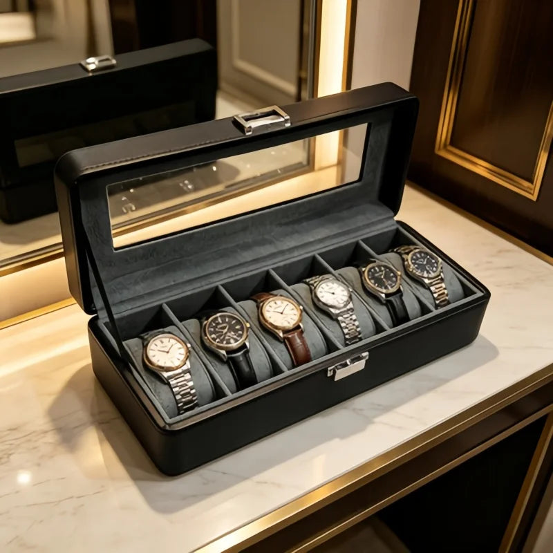 Slot Lockable Leather Watch Box Set Men Display Organizer Bracelet Storage