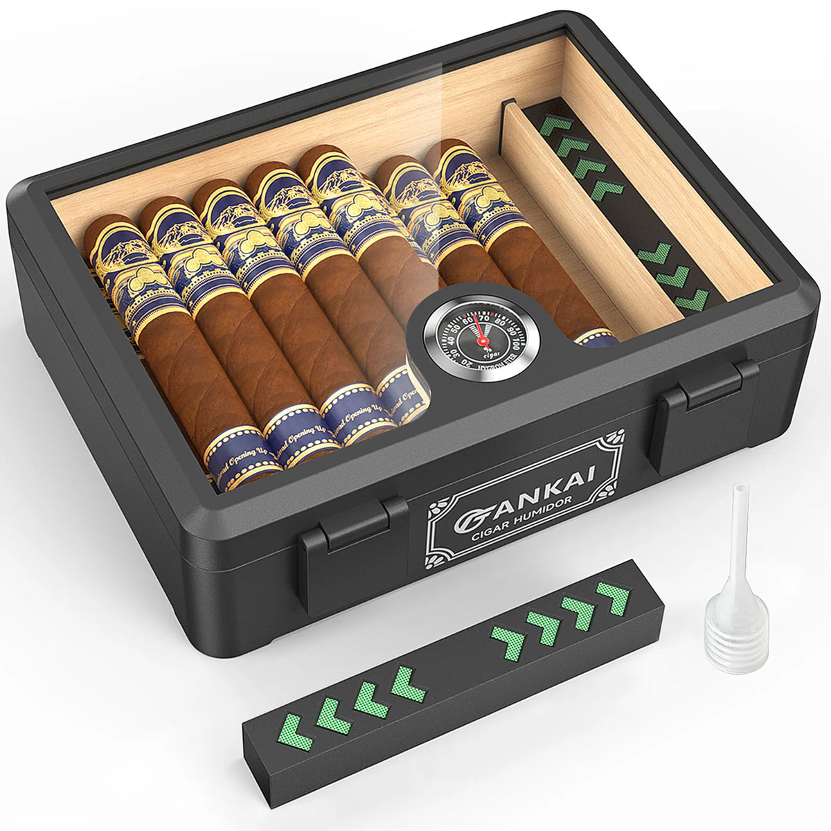 Cigar Humidor Full Glass Top Box with Humidifier and Hygrometer Crushproof Case Cedar Wood Lining