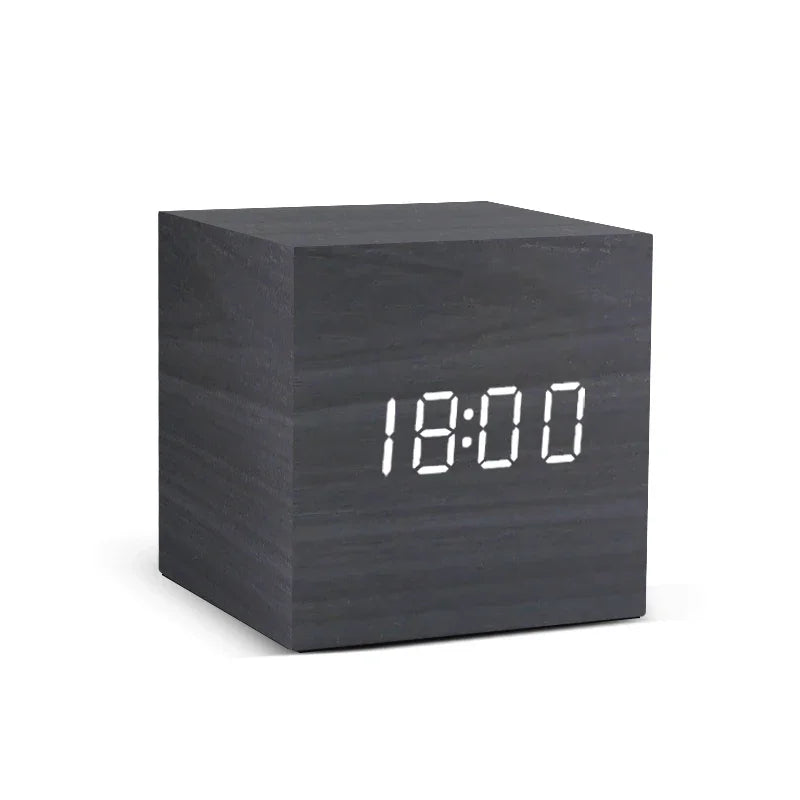 Wooden Digital Alarm Clock with Temperature Sound Control Electronic Clocks Desktop USB/AAA