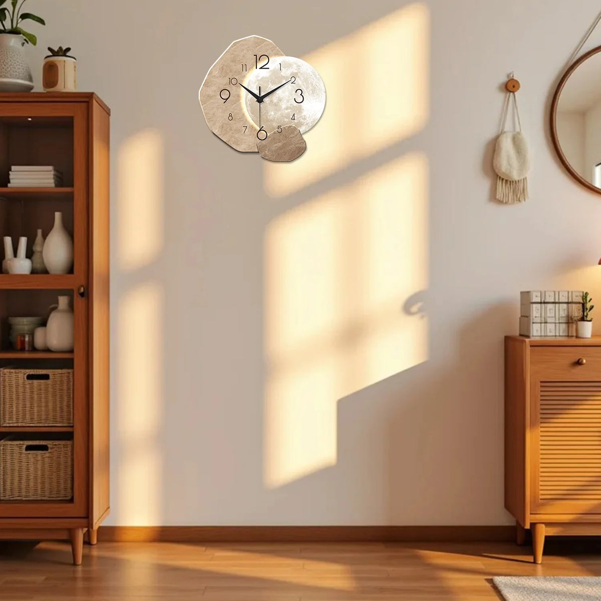 Modern Simple Silent Wall Clock Moon Design Quartz Movement Wooden Material for Bedroom Living