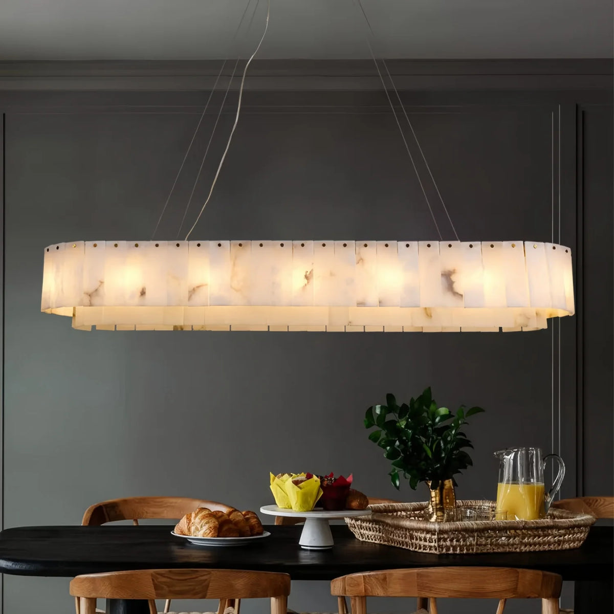 Natural Marble & Brass Ring Chandelier Pendant Light Round Linear & 2-Tier