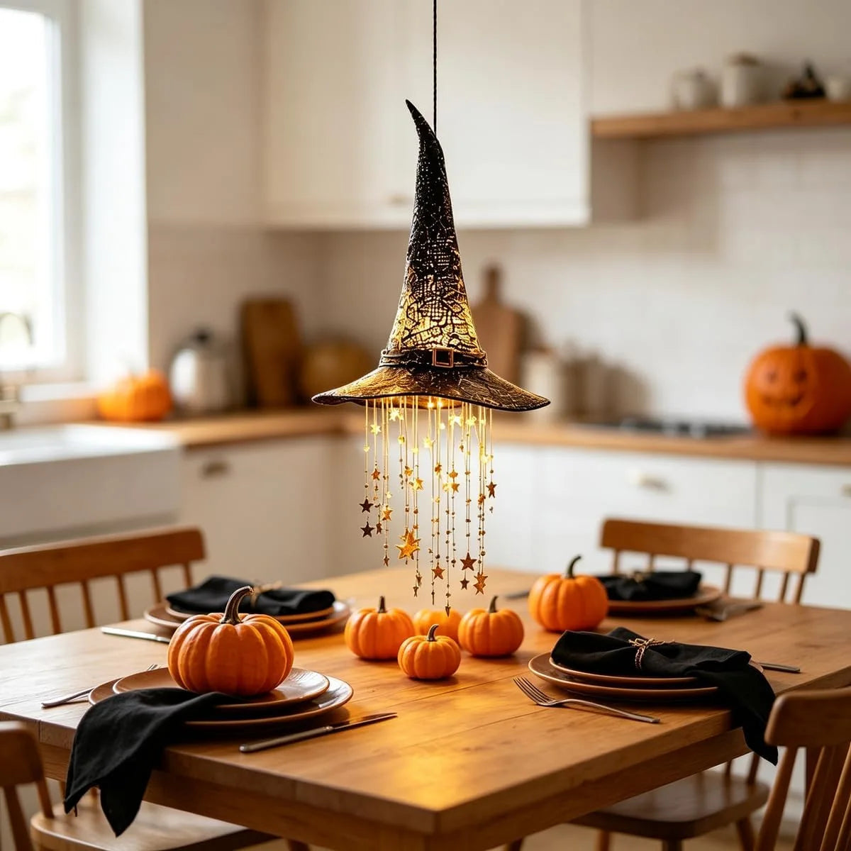 Lighted Witch Hat Hanging Decoration LED Cascading Stars Halloween Ornament