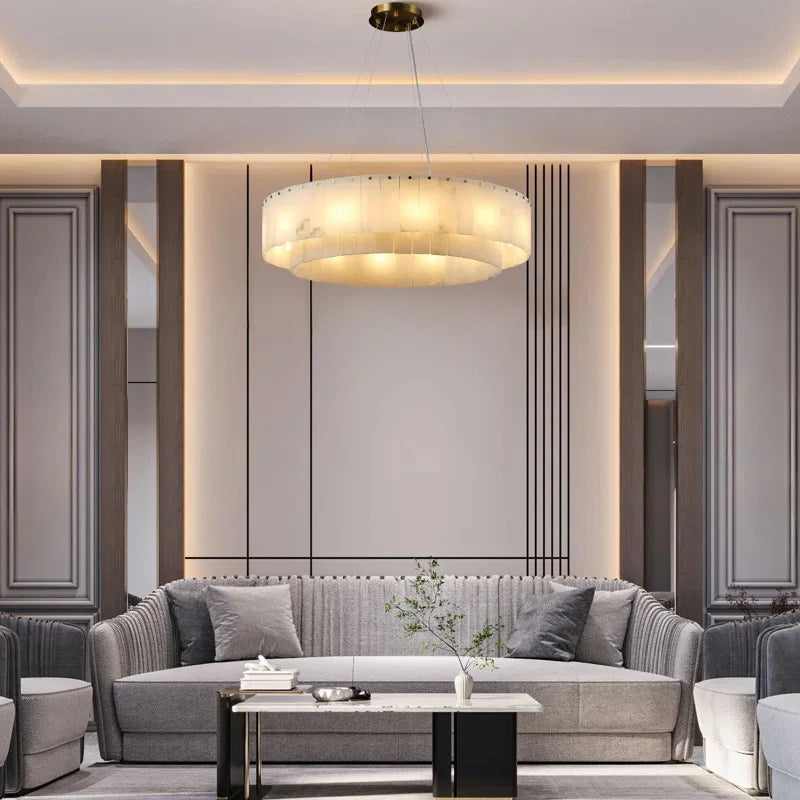 Natural Marble & Brass Ring Chandelier Pendant Light Round Linear & 2-Tier