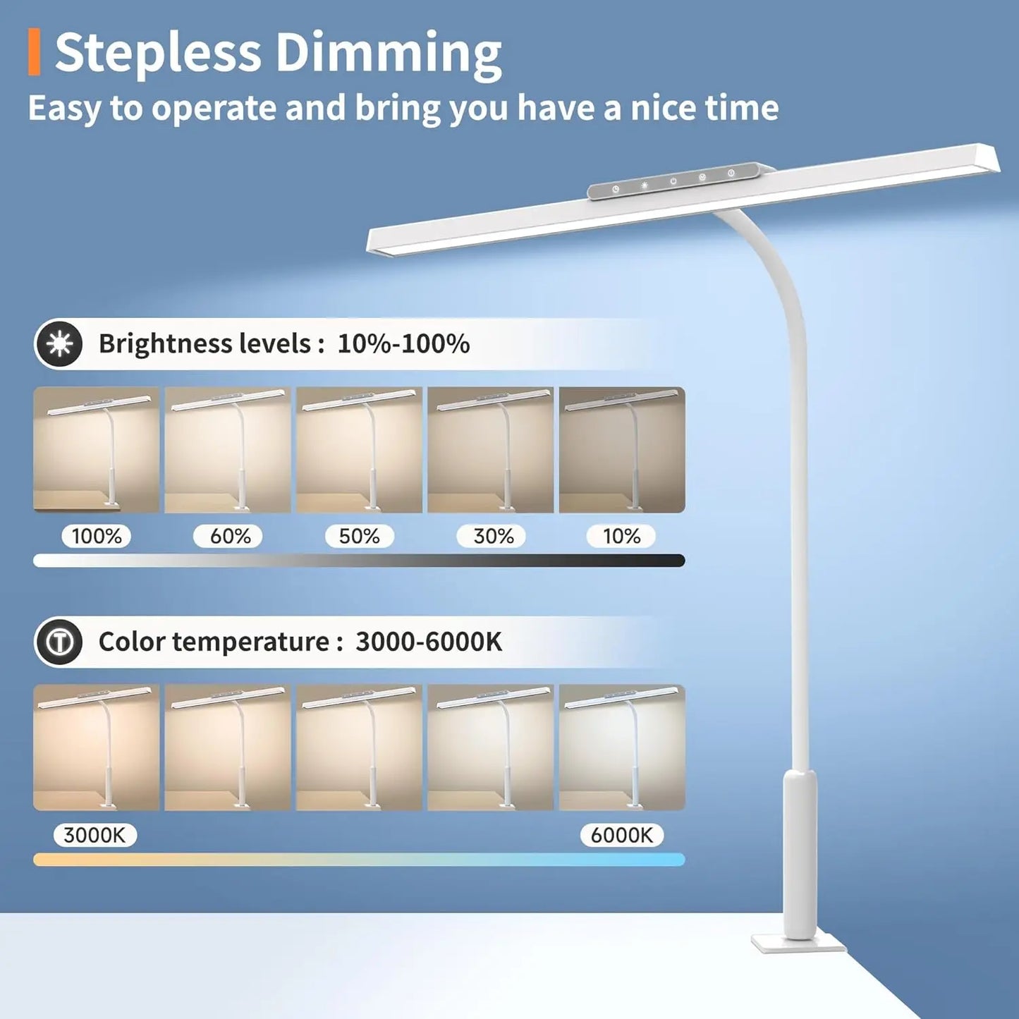 LED Clamp Desk Lamp – 3 Colours Stepless Dimming Memory Function