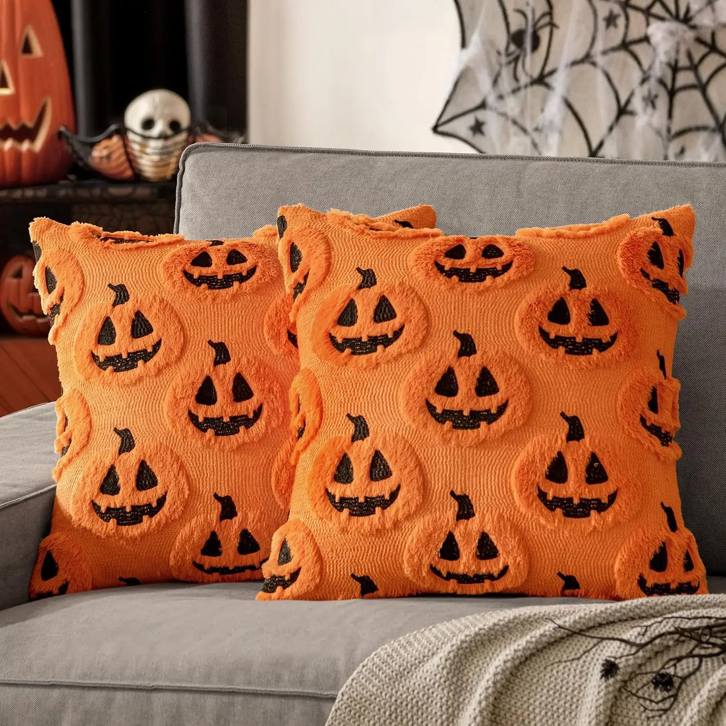 Fall Halloween Throw Pillow Covers Decorative Pumpkin Pattern Pillowcase Soft Plush Faux