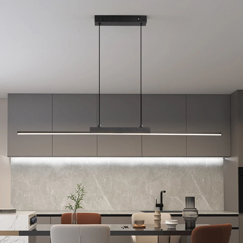 Modern Linear LED Pendant Light Dining Room Kitchen Bar Adjustable Height Tri-Color Chandelier