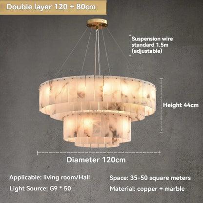 Natural Marble & Brass Ring Chandelier Pendant Light Round Linear & 2-Tier