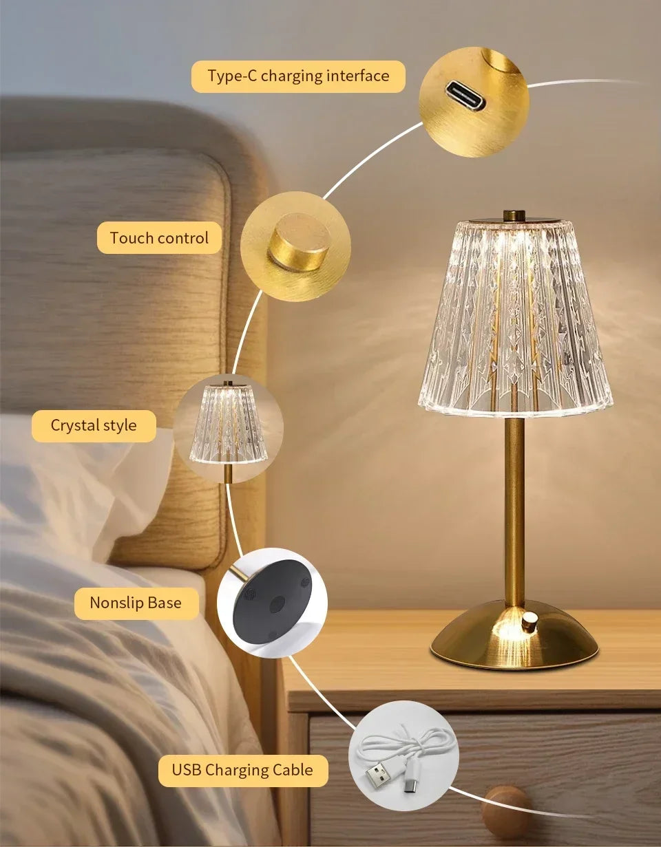 Crystal LED Table Lamp Touch Sensor Rechargeable Night Light Bedroom Bedside Bar Hotel Decor