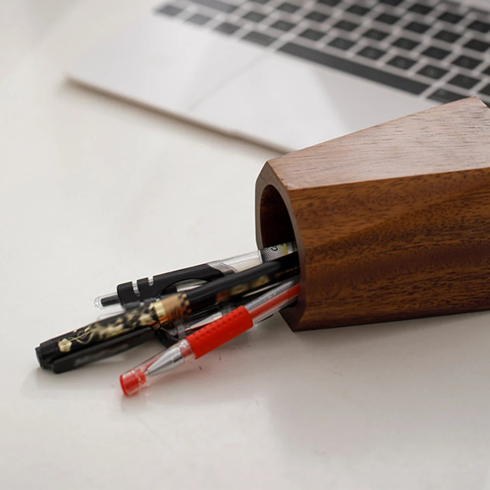 Walnut Wood Pen Pot Holder Desktop Organiser Basket Office Desk Stationery Storage Cup Pencil