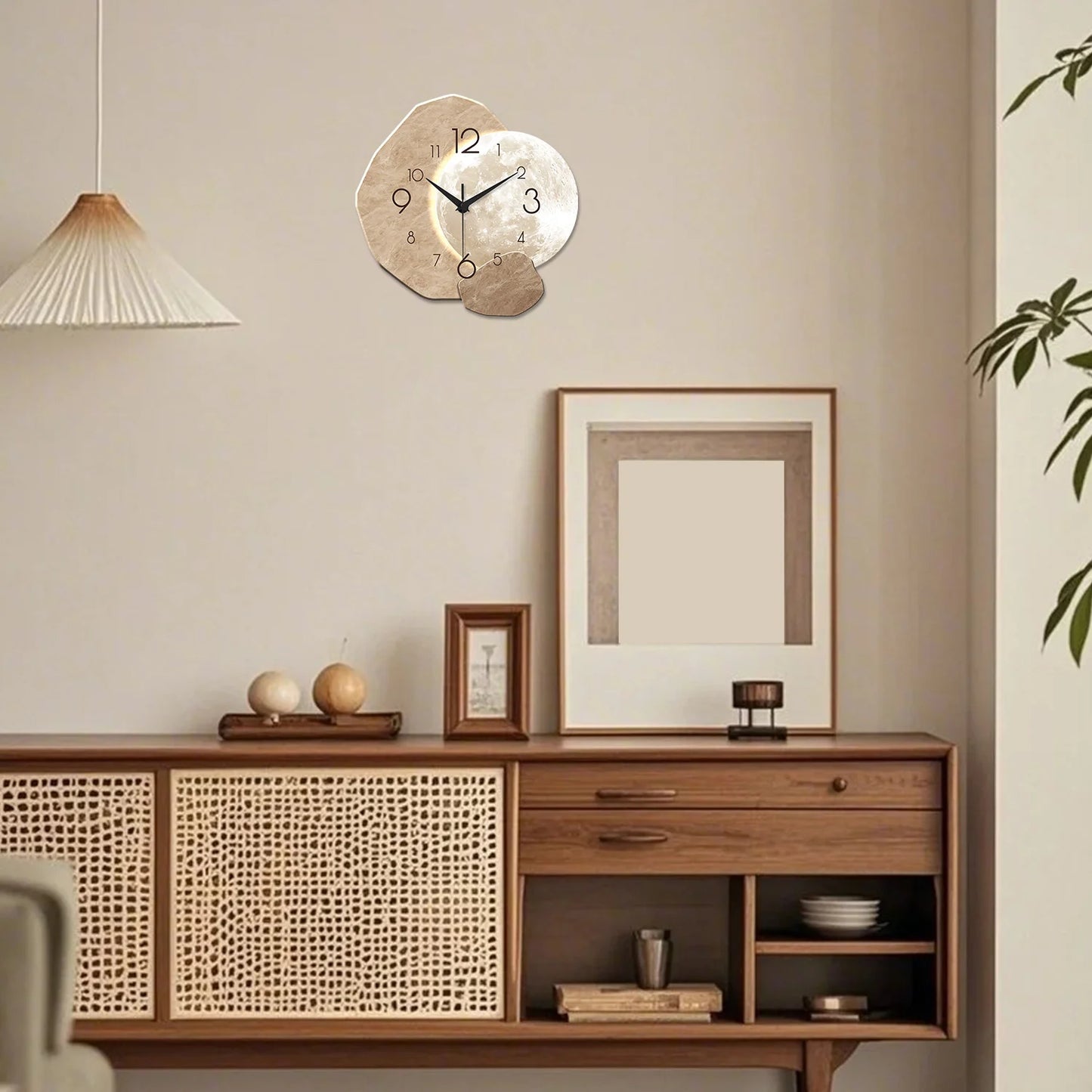 Modern Simple Silent Wall Clock Moon Design Quartz Movement Wooden Material for Bedroom Living